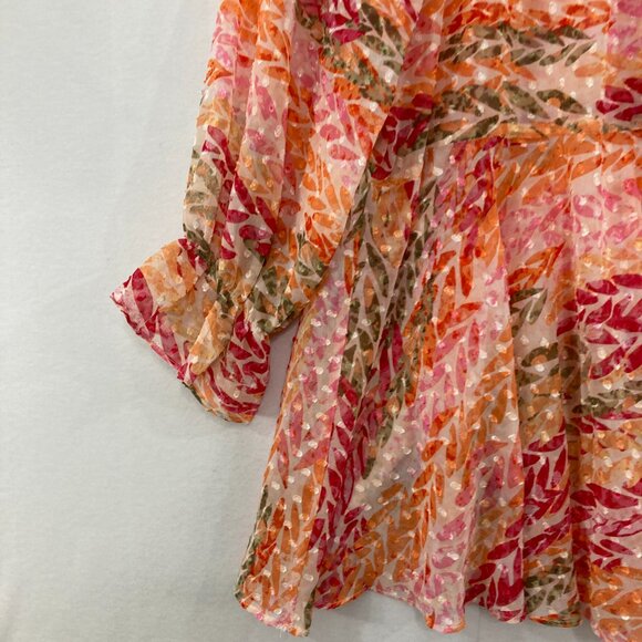 New Cato Large Orange Pink Swiss Dot Ruffle Baby-doll Romantic Feminine Blouse - Picture 6 of 12